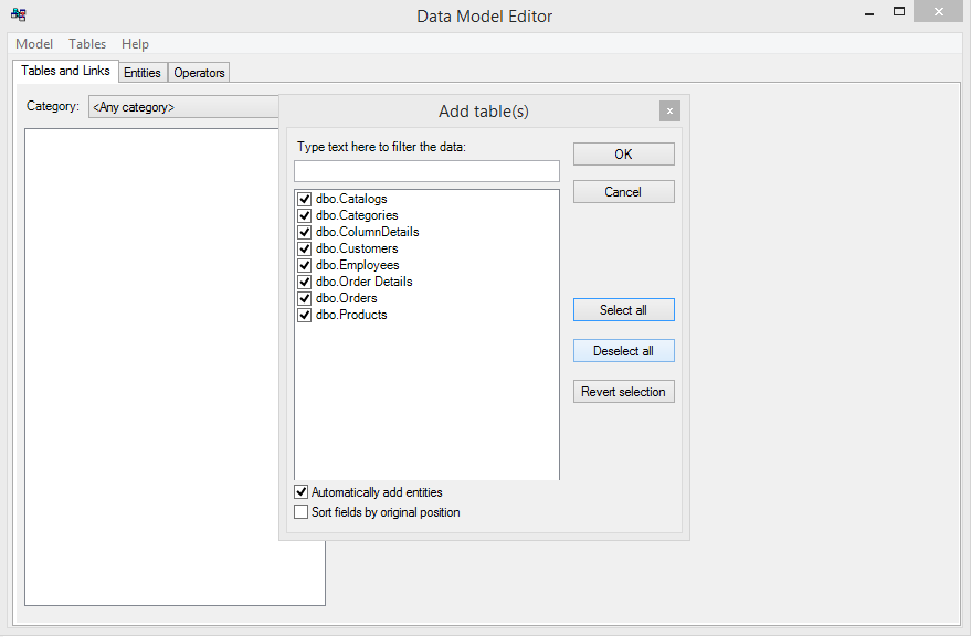 Data Model Editor - fill tables list
